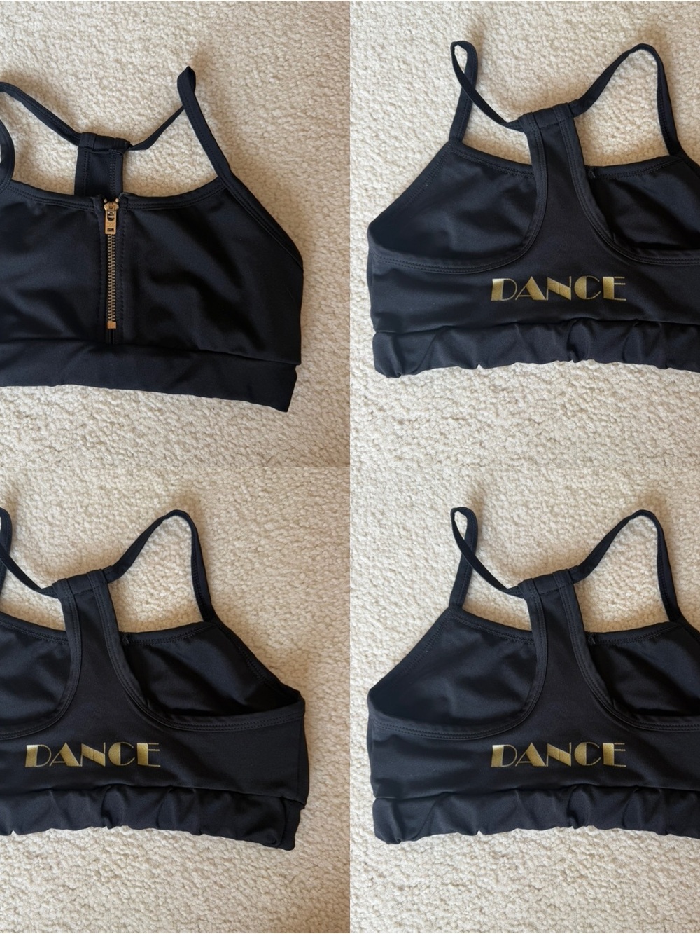 Youth Large Black Dance Zip-Front Sports Bra with Gold Logo